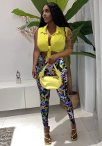 Conjunto de pantalones regulares de dos piezas con lazo estampado de cintura alta sin mangas con cuello vuelto informal amarillo de verano para mujer