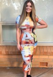 Women Summer Printed Modest O-Neck Short Sleeves Printed Maxi Dress