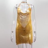 Women Summer Gold Sexy Halter Sleeveless Solid Metallic Slit Mini Straight Club Dress