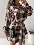 Women Autumn Printed Preppy Style Turn-down Collar Full Sleeves Plaid Print Belted Long Shirt