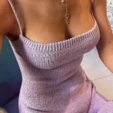 Women Summer Pink Modest Strap Sleeveless Solid Lace Up Maxi Straight Sweater Dresses