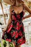 Women Summer Black Casual V-neck Sleeveless Floral Print Mini A-line Holiday Dress