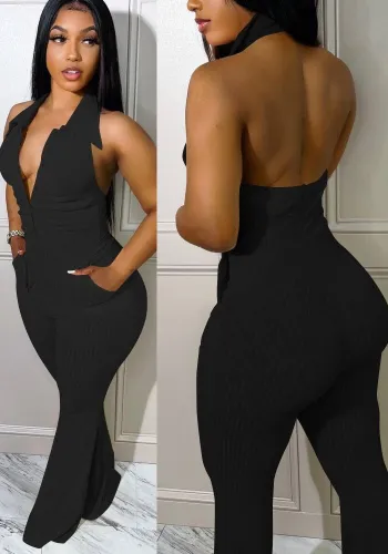 Women Summer Black Modest V-neck Sleeveless Solid Pockets Full Length Regular Backless Jumpsuit