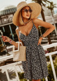 Women Summer Black Casual V-neck Sleeveless Floral Print Mini A-line Holiday Dress