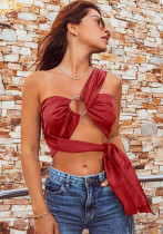 Frauen-Sommer-rotes Streetwear-Halter-ärmelloses festes Satin-Schnür-Crop-Top