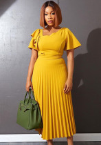 Women Summer Yellow Modest Slash Neck Short Sleeves Solid Ruffles Midi Pleated Office Dress