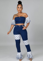 Conjunto de pantalones ajustados de dos piezas con volantes y retazos de cintura alta para mujer, informales, con hombros descubiertos, azul oscuro, para verano