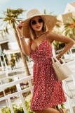Women Summer Red Casual V-neck Sleeveless Floral Print Mini A-line Holiday Dress