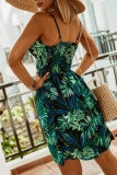 Women Summer Green Casual V-neck Sleeveless Floral Print Mini A-line Holiday Dress