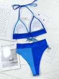 Women Blue Bikini Halter Patchwork Two Piece Swimwear