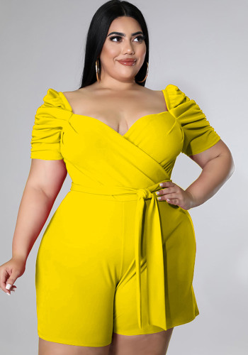 Women Summer Yellow Casual Square Collar Short Sleeves Solid Belted Short Regular Plus Size Jumpsuit