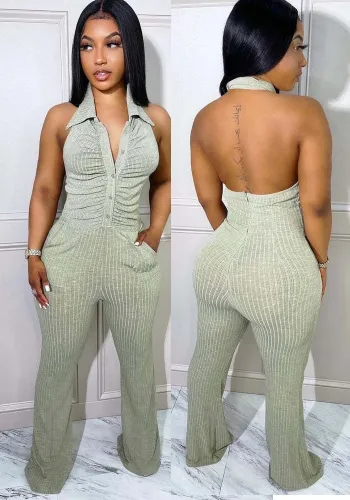 Women Summer Grey Modest V-neck Sleeveless Solid Pockets Full Length Regular Backless Jumpsuit