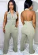 Women Summer Grey Modest V-neck Sleeveless Solid Pockets Full Length Regular Backless Jumpsuit