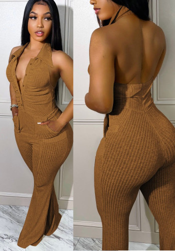 Women Summer Brown Modest V-neck Sleeveless Solid Pockets Full Length Regular Backless Jumpsuit