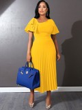 Women Summer Yellow Modest Slash Neck Short Sleeves Solid Ruffles Midi Pleated Office Dress