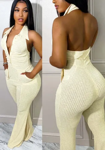 Women Summer Beige Modest V-neck Sleeveless Solid Pockets Full Length Regular Backless Jumpsuit