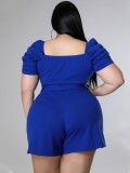 Women Summer Blue Casual Square Collar Short Sleeves Solid Belted Short Regular Plus Size Jumpsuit