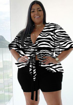 Women Summer Black Casual V-neck Half Sleeves High Waist Striped Print Bow Regular Plus Size Two Piece Short Set