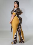 Women Autumn Yellow Modest Slash Neck Half Sleeves Patchwork Belted Full Length Loose Plus Size Jumpsuit