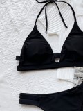 Women Black Bikini Halter Solid Hollow Out Two Piece Swimwear