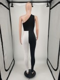 Solid Color Patchwork Print Fashion Single Shoulder Athleisure Jumpsuit