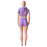 Solid Purple Zipper Cardigan Hooded Cropped Two-Piece Short Summer Set