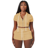 Solid Khaki Zipper Cardigan Hooded Cropped Two-Piece Short Summer Set