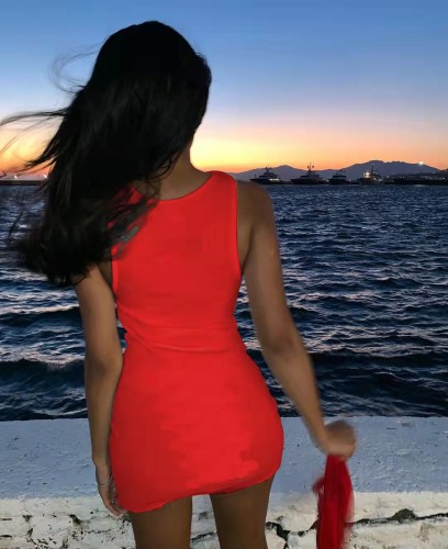 Sexy Solid Color Red Printed Sleeveless Vest Print Mini Dress