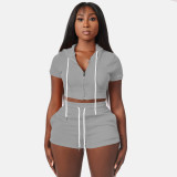 Solid Grey Zipper Cardigan Hooded Cropped Two-Piece Short Summer Set
