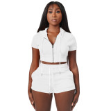 Solid White Zipper Cardigan Hooded Cropped Two-Piece Short Summer Set
