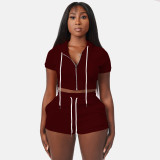 Solid Dark Brown Zipper Cardigan Hooded Cropped Two-Piece Short Summer Set