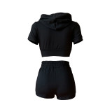 Solid Black Zipper Cardigan Hooded Cropped Two-Piece Short Summer Set