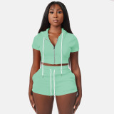 Solid Dark Emerald Zipper Cardigan Hooded Cropped Two-Piece Short Summer Set