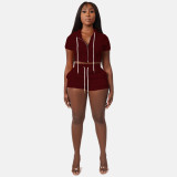 Solid Dark Brown Zipper Cardigan Hooded Cropped Two-Piece Short Summer Set