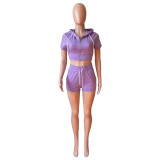Solid Purple Zipper Cardigan Hooded Cropped Two-Piece Short Summer Set