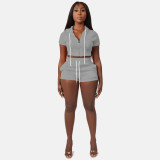 Solid Grey Zipper Cardigan Hooded Cropped Two-Piece Short Summer Set