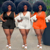 Casual Solid Orange Split Joint V Neck Sleeveless Plus Size Rompers with Belted