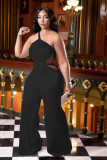 Black Sexy Hollow Out Single Shoulder Sleeveless Jumpsuit