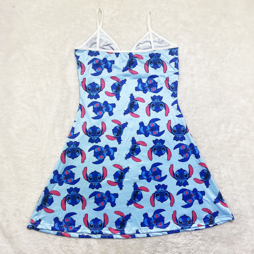 Sexy Loungewear Summer Cartoon Pattern Printed Spaghetti Strap Homewear Dress