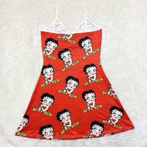 Sexy Loungewear Summer Cartoon Pattern Printed Spaghetti Strap Homewear Dress