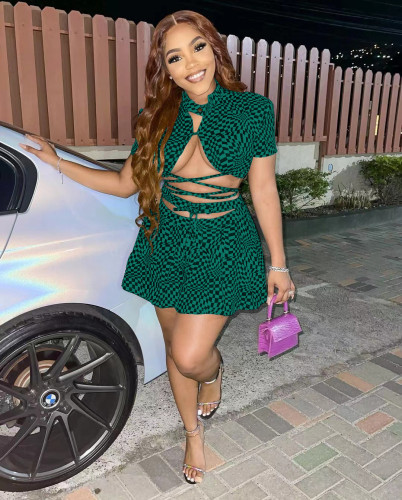 Sexy Printed Short Sleeve Bandage Top Wide Leg Shorts 2 Piece Sets