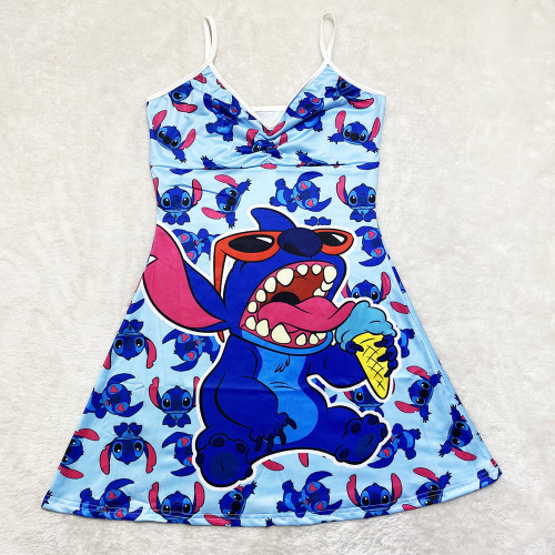 Sexy Loungewear Summer Cartoon Pattern Printed Spaghetti Strap Homewear Dress