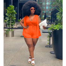 Casual Solid Orange Split Joint V Neck Sleeveless Plus Size Rompers with Belted