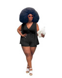 Casual Solid Black Split Joint V Neck Sleeveless Plus Size Rompers with Belted
