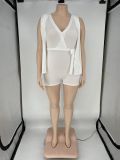 Casual Solid White Split Joint V Neck Sleeveless Plus Size Rompers with Belted