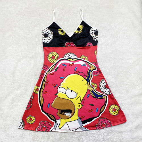 Sexy Loungewear Summer Cartoon Pattern Printed Spaghetti Strap Homewear Dress
