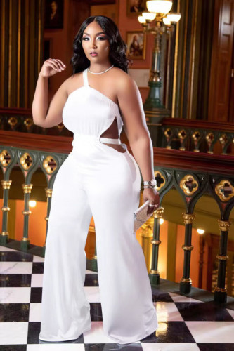 White Sexy Hollow Out Single Shoulder Sleeveless Jumpsuit