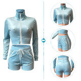 Casual Light Blue Korean Velvet Zip Two Pieces Women Lapel Long Sleeve Crop Top Shorts