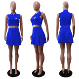 Casual Summer Blue Pyrography Sleeveless POLO Collar Pleated Skirt Set