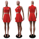 Casual Summer Red Pyrography Sleeveless POLO Collar Pleated Skirt Set